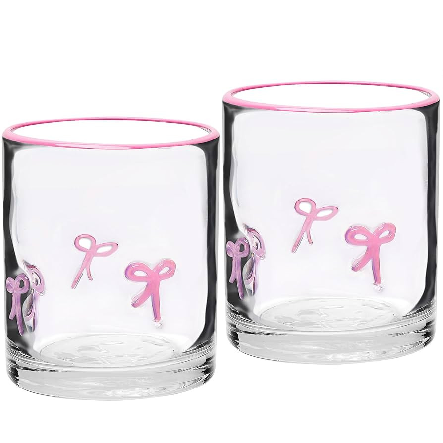 2 Pcs Pink Bow Icon Juice Glass Coquette Bow Aesthetic Anthropologie Cup 14 Oz Double Old Fashion... | Amazon (US)