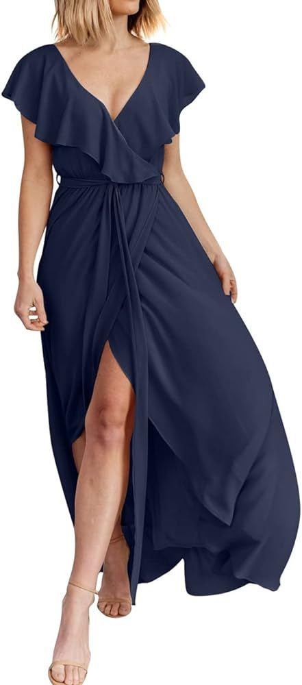 GeGekoko Summer Ruffle Maxi Dresses for Women Sexy V Neck Flowy Chiffon Long Dress Beach Cocktail... | Amazon (US)