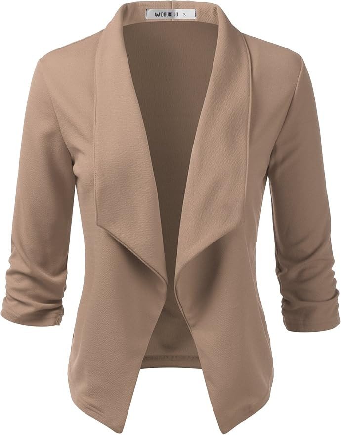 DOUBLJU Ruched 3/4 Sleeve Open Front Draped Blazers Business Casual Basic Work Jackets for Womens... | Amazon (US)
