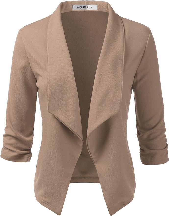 DOUBLJU Ruched 3/4 Sleeve Open Front Draped Blazers Business Casual Basic Work Jackets for Womens... | Amazon (US)