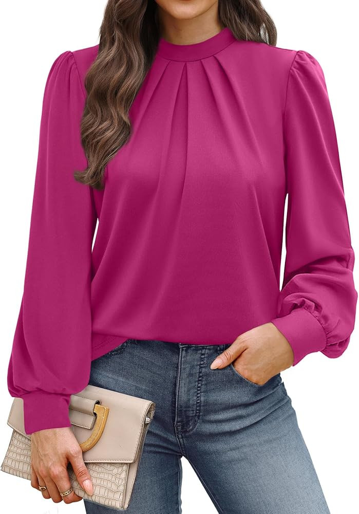 WIHOLL Long Sleeve Shirts for Women Mock Neck Tops Pleated Front Blouses Dressy Casual Spring Fal... | Amazon (US)