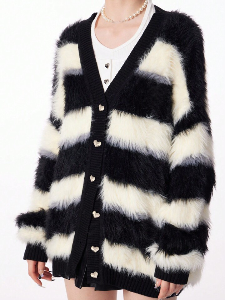 Striped Pattern Drop Shoulder Fluffy Knit Cardigan | SHEIN