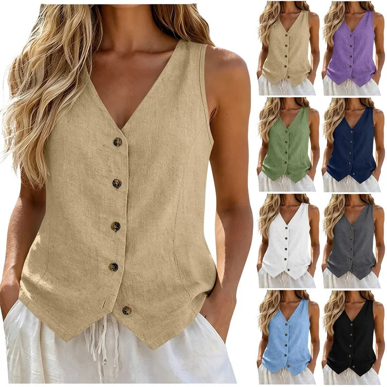 UVEASISHA Linen Vest for Women Summer V Neck Button Down Sleeveless Open Front Cardigans Fashion ... | Walmart (US)