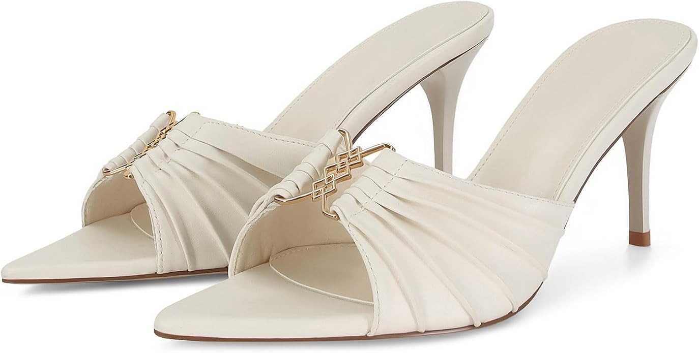 Ruched Kitten Heels for Women 3 Inch Pointed High Heels Sandals Peep Open Toe Slip on Stiletto Pu... | Amazon (US)