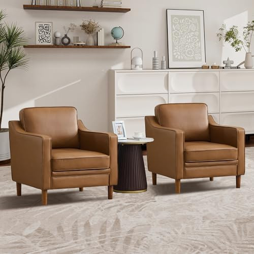 Kingfun Accent Chair Set of 2, Living Room Chairs, Faux Leather Reading Armchair, Mid Century wit... | Amazon (US)
