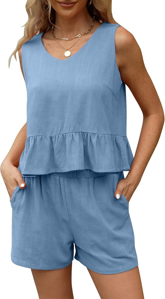 Genhoo Two Piece Outfits for Women Summer Loose Fit Sleeveless V Neck Ruffle Crop Top Tank and Hi... | Amazon (US)