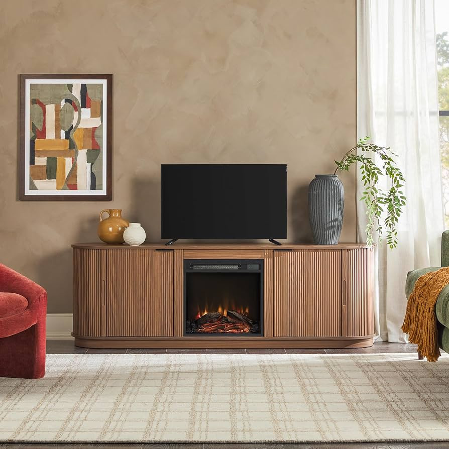 Walker Edison Chloe Reeded TV Stand with Fireplace Insert, 75 Inch, 70 Inch, Mocha | Amazon (US)