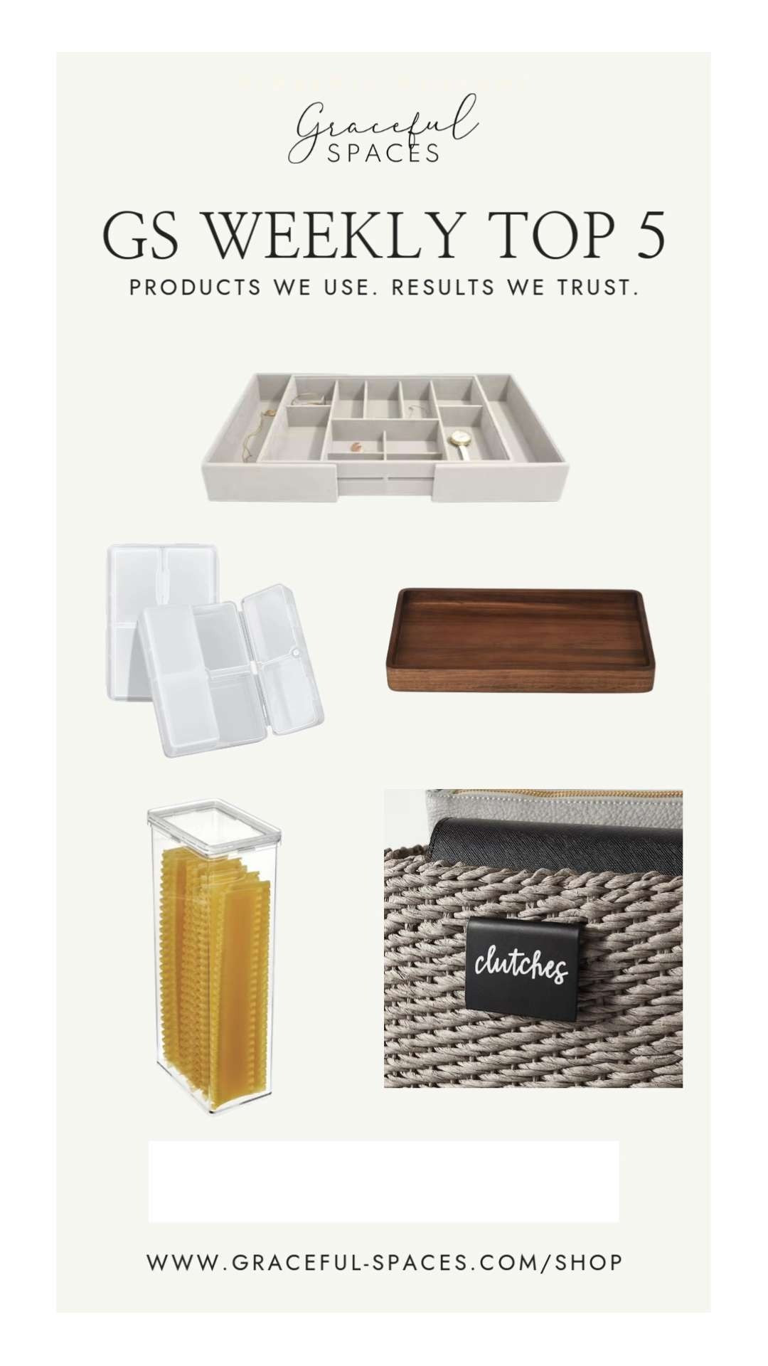 Fresh product in this week's Top 5!  Stackers Expandable Jewelry Tray (love!), Christina's favorite pill case, Acacia Drawer Organizers from Wal-Mart, The Home Edit Pasta Canister, and versatile Magnetic or Tie Labels from The Container Store.  Happy Shopping! 

 #LTKHome