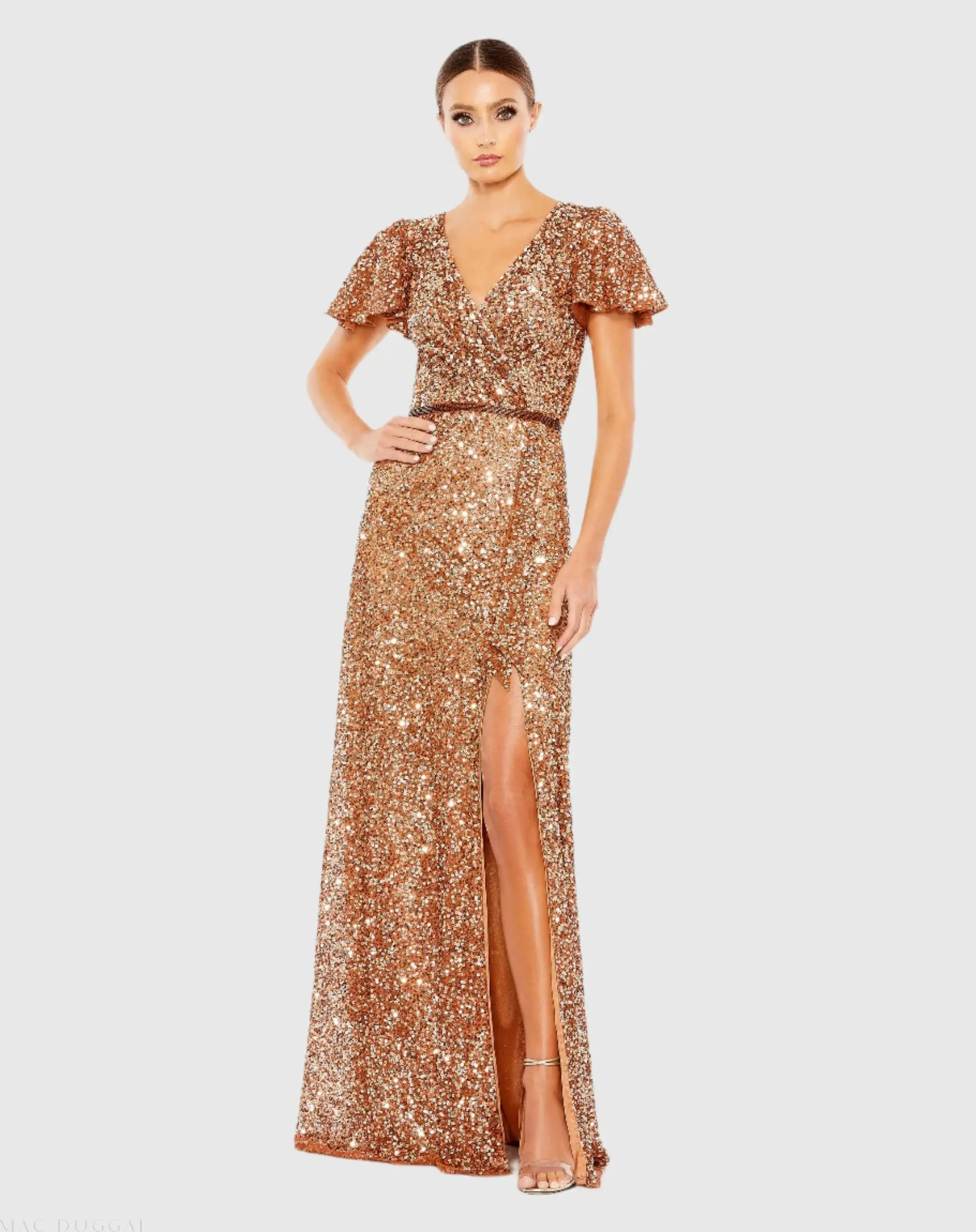 Copper Sequined Wrap Over Butterfly Sleeve Draped Gown - Mac Duggal | Mac Duggal