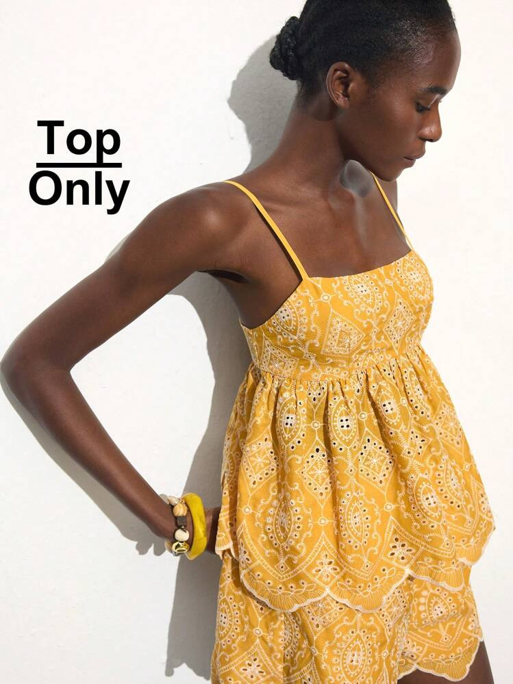 Maija Top De Tirantes De Verano Con Bordados Florales Amarillos Y Blancos Para Mujer, Versátil, Cómodo, Suelto, Diseño Sin Espalda Con Lazo, Adecuado Para Playa, Resort, Vacaciones Bohemias, Combinable Para Todas Las Estaciones, Diseño De Moda De Vacaciones Moderno, Ropa De Playa Cómoda, Estilo Bohemio, Ropa De Vacaciones En La Isla De Isabi, Ropa De Vacaciones De Dopamina De Verano, Mismo Estilo Que En , Atmósfera Exótica, Concierto Country, Ropa De Estilo Occidental | SHEIN