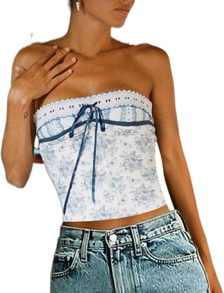 Women Y2k Lace Trim Off Shoulder Tube Tops Strapless See Through Crop Top Sexy Backless Top Aesth... | Amazon (US)