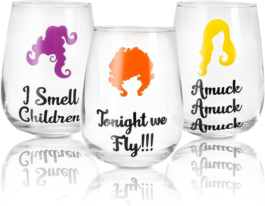 Whaline 3Pcs Halloween Stemless Wine Glasses 17oz Hocus Pocus Drinking Glasses Little Witch Clear... | Amazon (US)