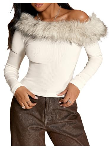 MakeMeChic Women's Off The Shoulder Tops Fuzzy Fitted Long Sleeve T Shirt Beige Small | Amazon (US)