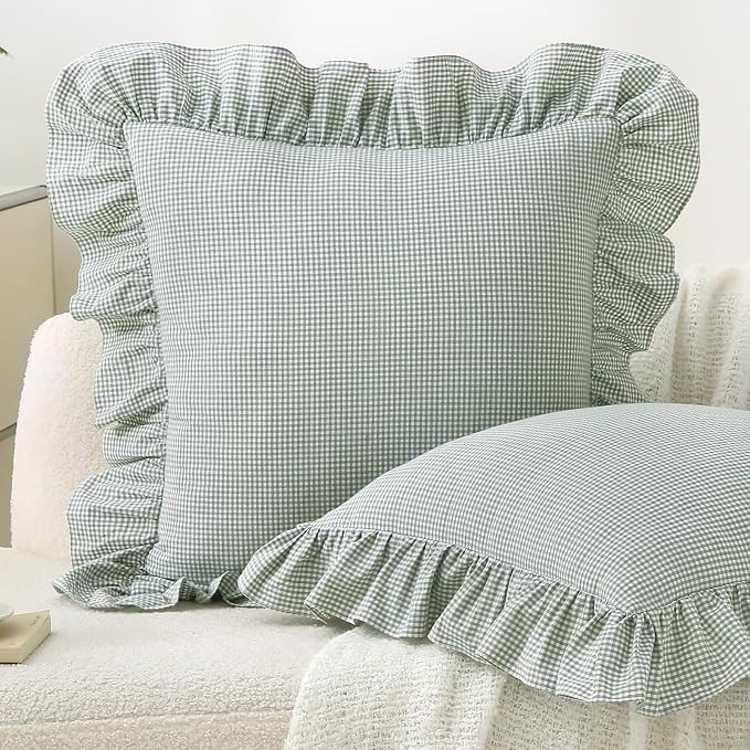 Aryeleay 2 Pack Pile Green White Plaid Gingham Ruffle Pillow Shams, 100% Washed Cotton Checkered ... | Amazon (US)