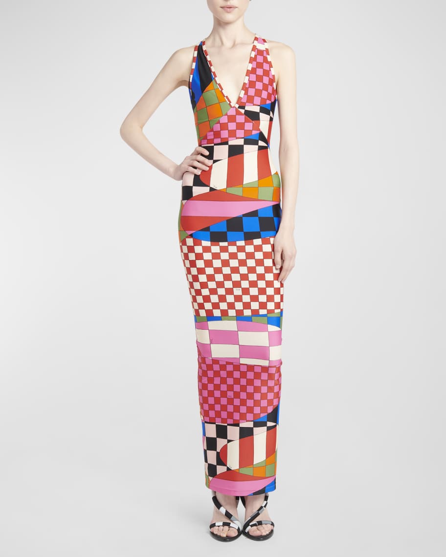 Plunging Abstract-Print Sleeveless Maxi Dress | Neiman Marcus