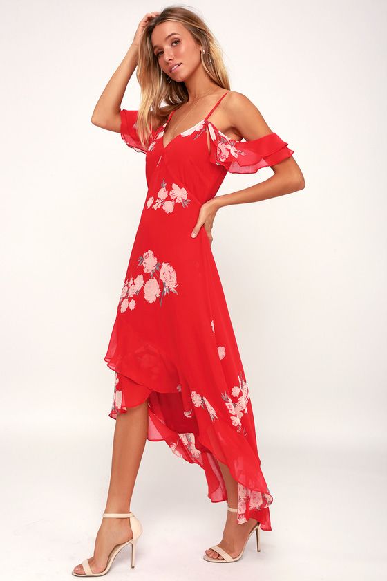 Love in Bloom Red Floral Print Off-the-Shoulder High-Low Dress | Lulus (US)