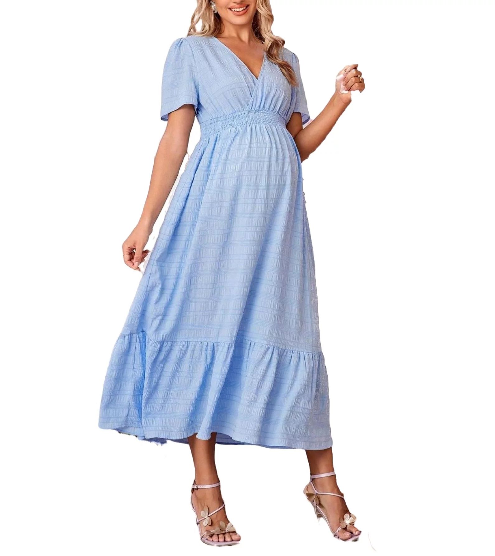 Women's Casual Plain V neck A Line Short Sleeve Baby Blue Maternity Dresses L | Walmart (US)
