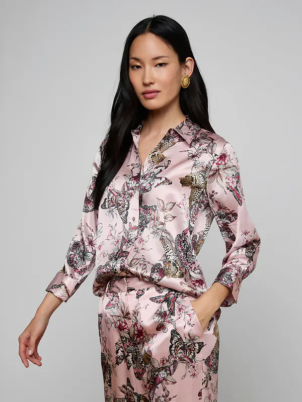Dani Silk Blouse in Light Nectar Pink Small Multi Butterfly Jungle | L'AGENCE | L'Agence