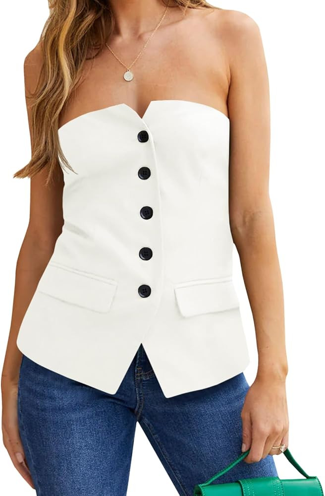 Tankaneo Womens Strapless Top Blazer Vest Notched Neck Tube Tops Sleeveless Button Fitted Work Bl... | Amazon (US)
