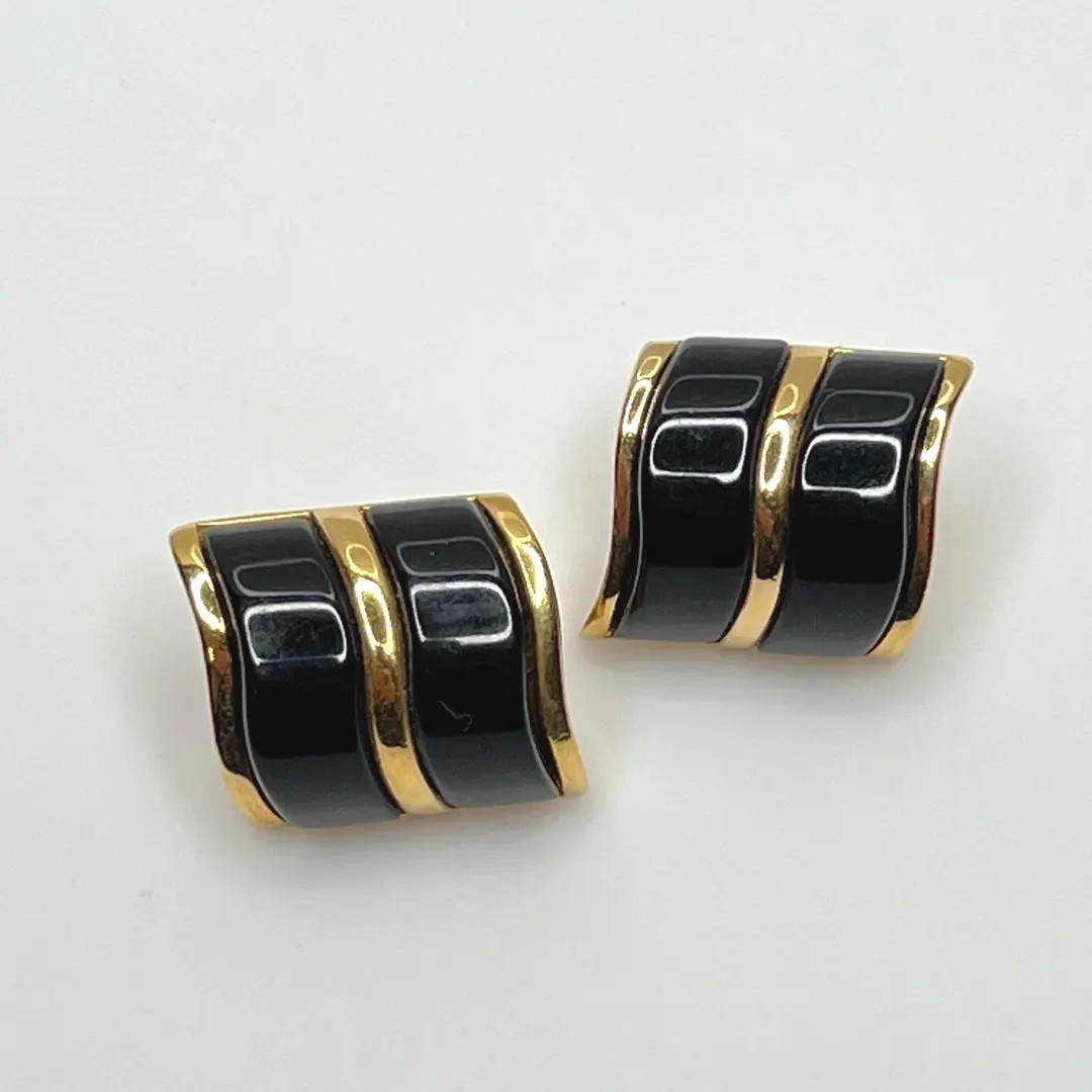 Chunky Black & Gold Wavy Stud Earrings – Avon Modernist 1980s Pierced Statement Jewelry | Etsy (US)