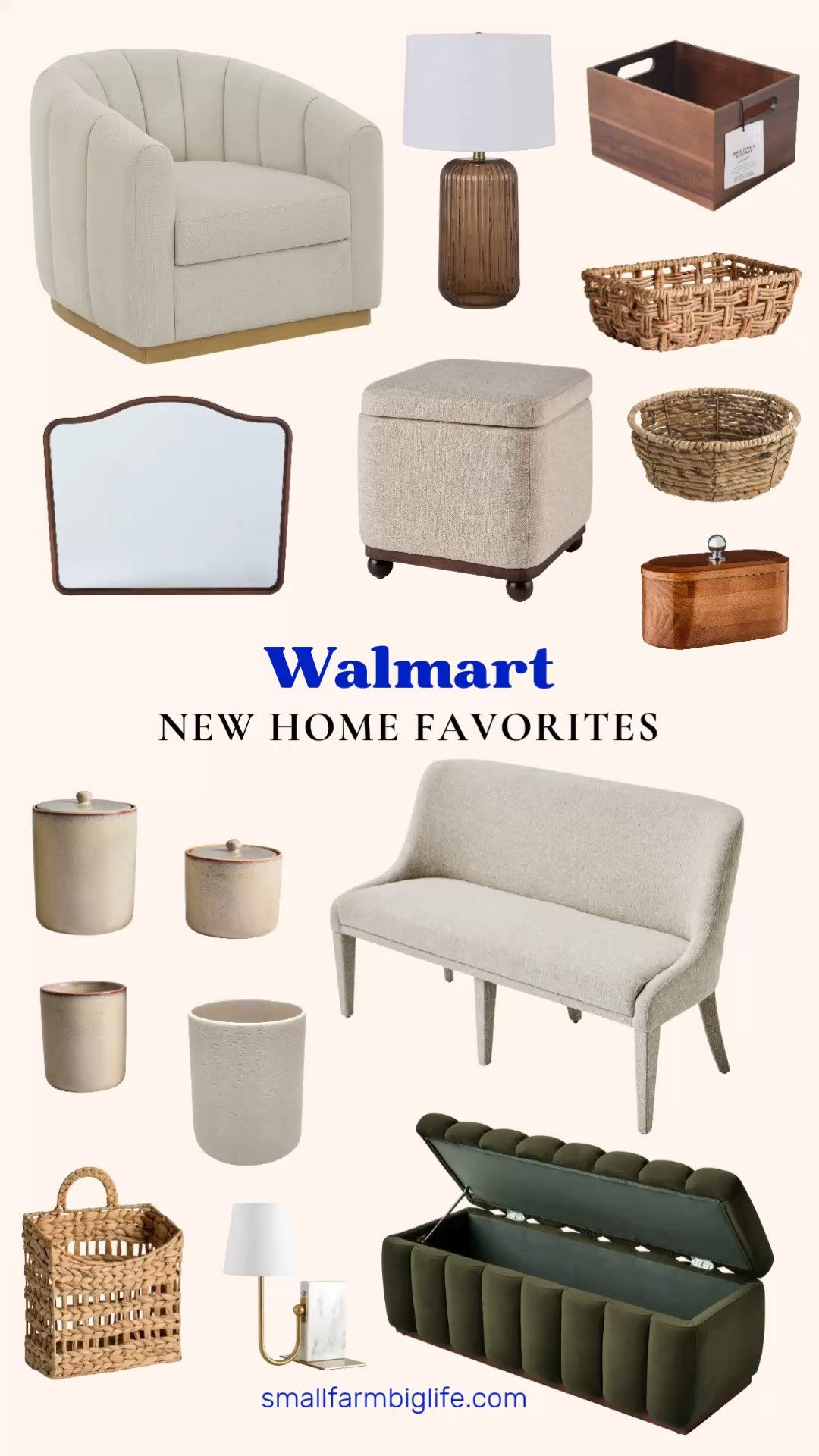 New Walmart home finds are here and they look so much more expensive than they actually are. My LTK is full of new furniture, decor, and organization pieces perfect for a home refresh.
For furniture, I am loving the olive velvet Better Homes and Gardens Lillian Channel Tufted Bench, the beige Windsor Upholstered Dining Bench, the cream linen Lillian Accent Swivel Chair, the heather beige Ambrose Storage Ottoman, and the Better Homes and Gardens French Heritage Walnut Wall Mirror. For lighting, the Mainstays Ribbed Glass Table Lamp and the Marble Sconce Light Bookend are both great accent pieces.
For decor and organization, the reactive cream ceramic canisters and utensil holder are such a pretty everyday upgrade, and the water hyacinth woven storage baskets and acacia wood basket are perfect for adding natural texture around the house. I am also loving the faux stone bathroom trash can and the wooden decorative tabletop capsule box for small functional touches.
Shop all of my new Walmart home favorites linked in this post to give your space an easy refresh. 

 #LTKHome