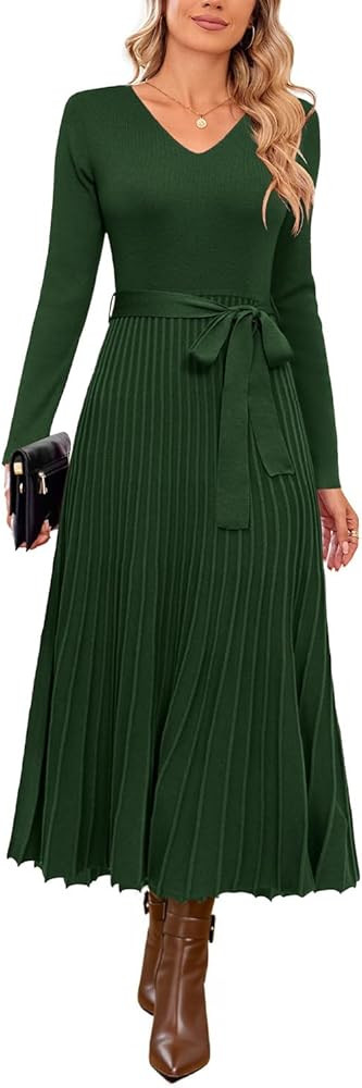 Arach&Cloz Women's Wool Blend Tie Waist Pleated Fall Sweater Dress 2025 | Amazon (US)