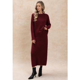 Shimmer Thread Sequin Fuzzy Knit Sweater and Skirt Set in Burgundy | Chicwish
