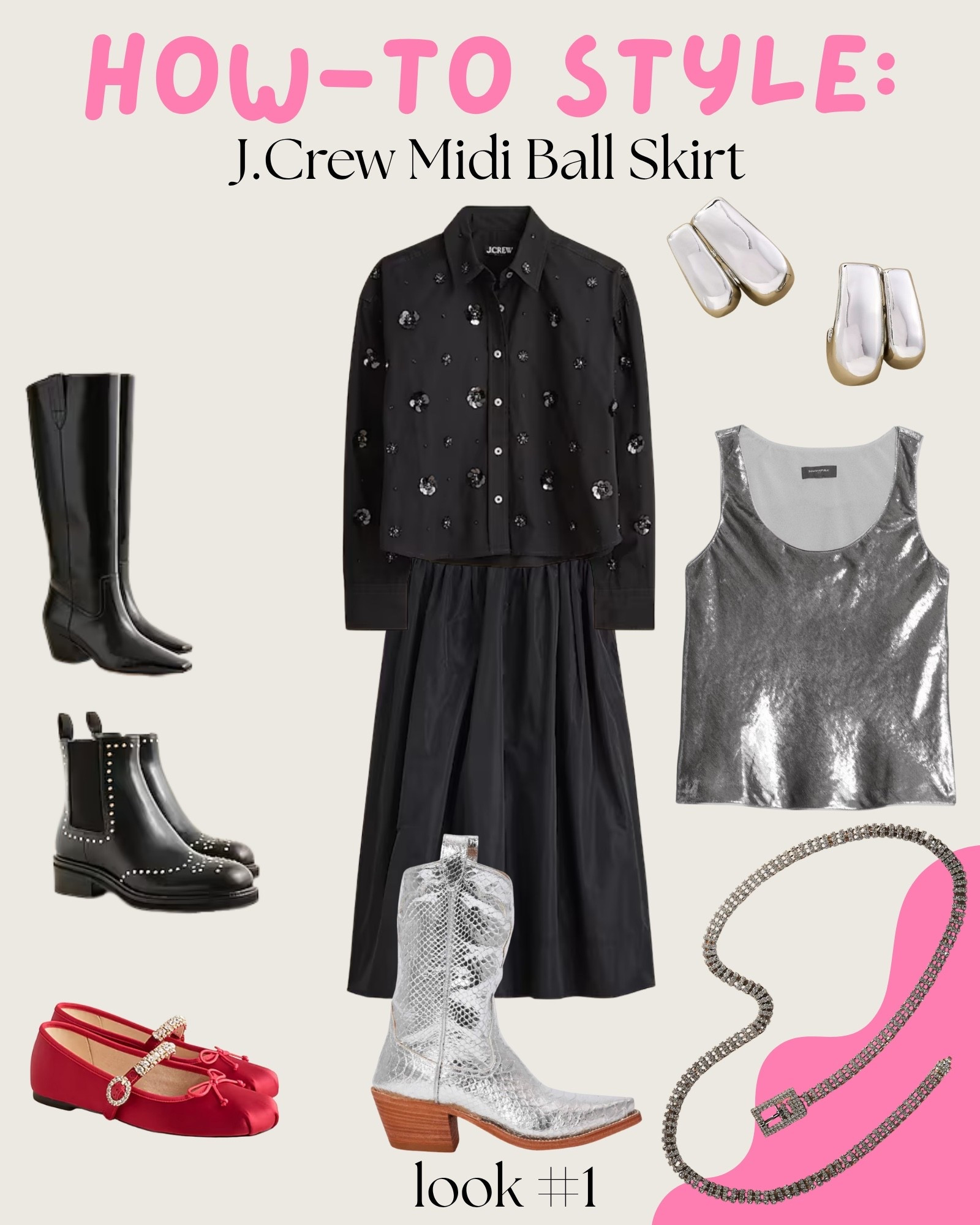 My how-to guide for styling the J.Crew Midi Ball Skirt 🤍 — Look #1

A little sparkle, a little shine ✨

This look mixes textures beautifully: taffeta + sequins + metallics = holiday magic.

Pair with silver boots or jeweled flats for two totally different vibes.

Style formula:
• Embellished black button-down
• Metallic tank (peeking underneath)
• Taffeta ball skirt
• Silver boots 
• Crystal belt for extra glam

#LTKShoeCrush #LTKStyleTip #LTKHoliday