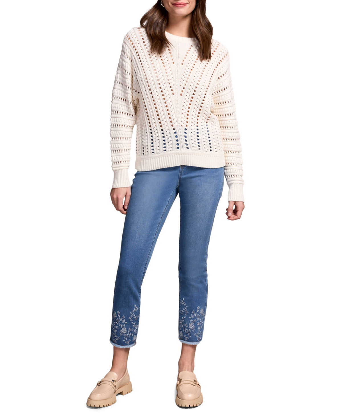 Tribal Women's Textured Special Wash Crew Neck Sweater - Eggshell | Macy's