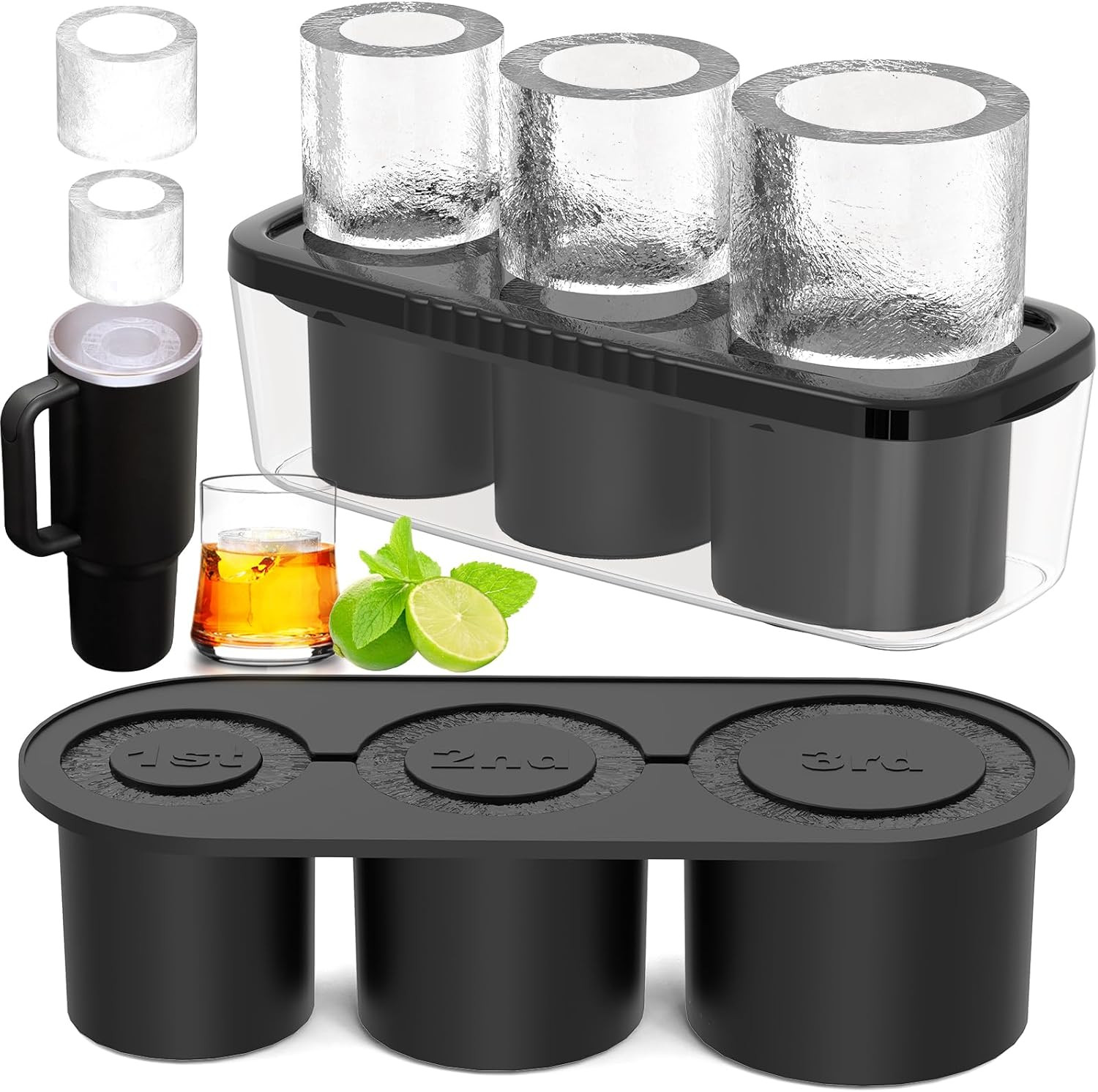 Ice Cube Tray for Tumbler Cup 30Oz-40Oz, 3 Pcs Silicone Cylinder Ice Mold with Lid and Bin for Fr... | Amazon (US)