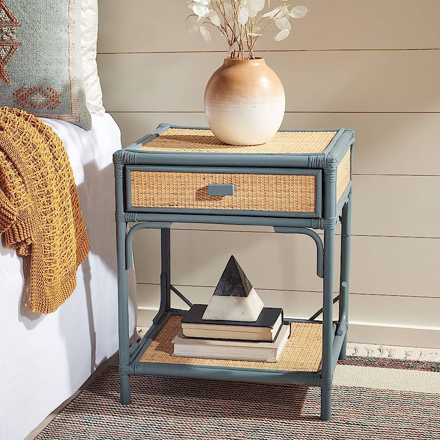 Safavieh Home Collection Roya Rattan 1-Drawer 1-Shelf Nightstand, Blue Grey/Natural | Amazon (US)