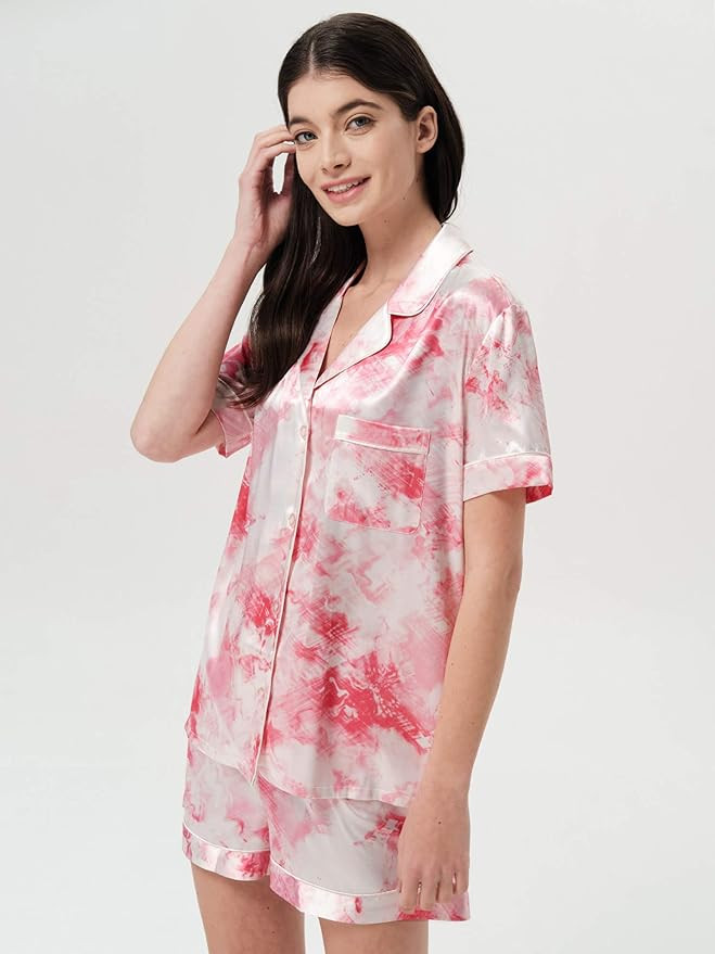 SIORO Women Pajamas Sets Satin Short Sleeve Silk Pajamas for Women, Button Down Sleepwear Soft Pj... | Amazon (US)