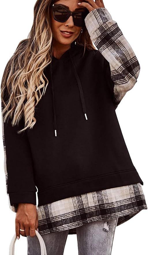 Sidefeel Women Plaid Patchwork Long Sleeve Drawstring Hoodie Oversized Pullover Sweatshirt | Amazon (US)