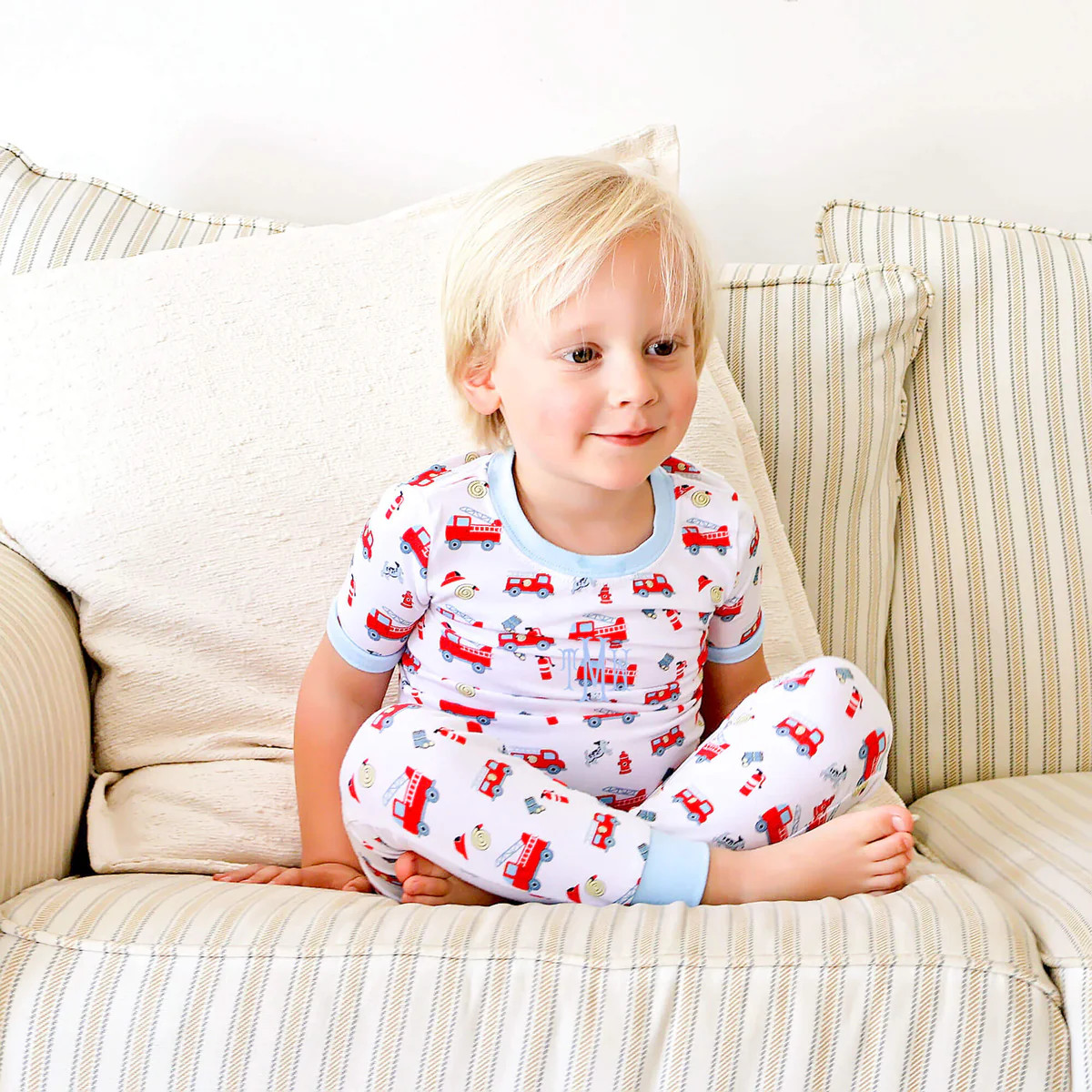 Firetruck Knit Print Light Blue Rib Pajamas | Classic Whimsy