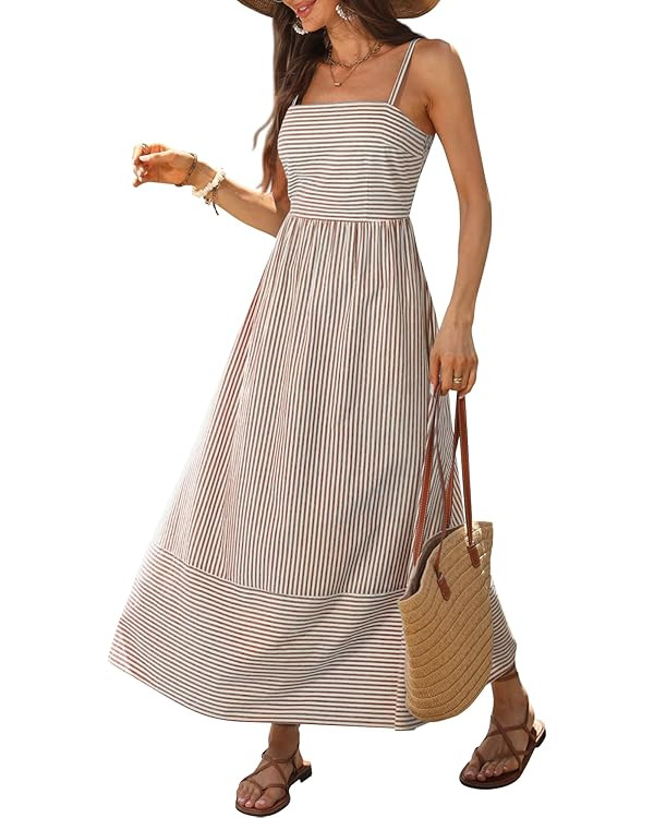 Caracilia Womens Maxi Dresses Gingham Spaghetti Strap Back Smocked Flowy Long Sundress Summer Bea... | Amazon (US)