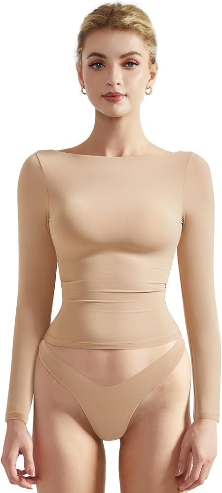 SUUKSESS Women Crew Neck Long Sleeve T Shirts Double Lined Tight Fitted Crop Top | Amazon (US)