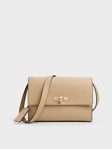 Nutmeg Beige Chance Turn-Lock Crossbody Bag | CHARLES & KEITH | Charles & Keith US