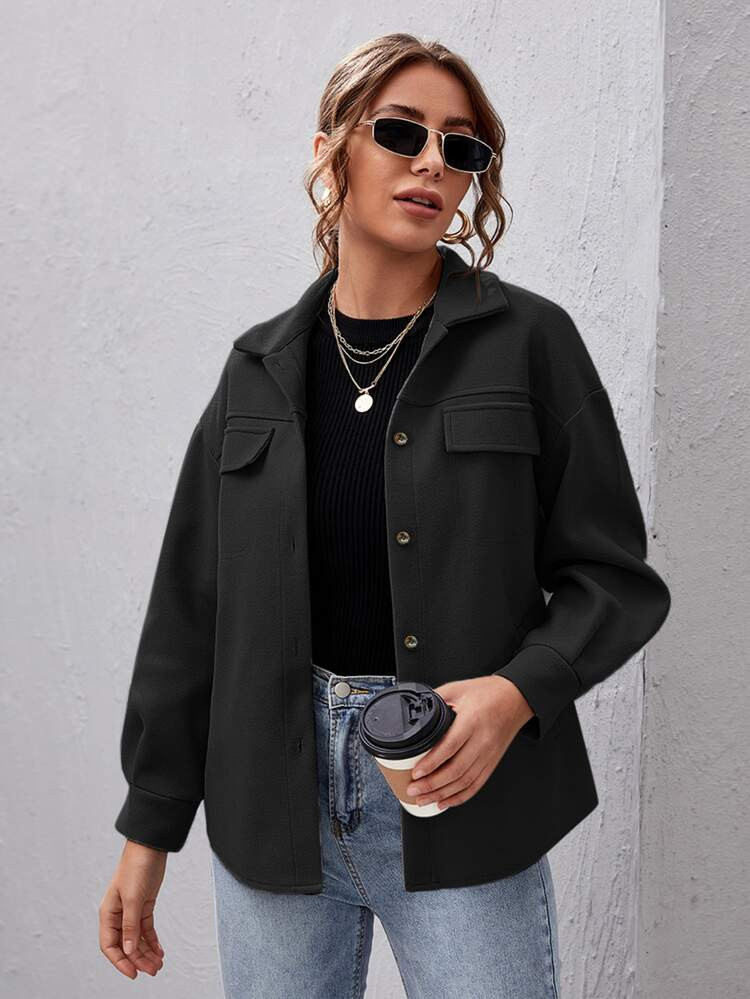 Button Front Drop Shoulder Solid Coat | SHEIN