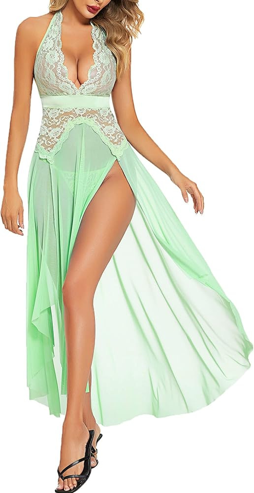 Avidlove Women Lingerie Deep V Neck Nightwear One Piece Sexy Nightgowns Mosaic Lace Mesh Dress | Amazon (US)