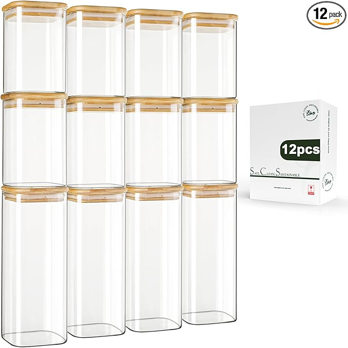 LIBWYS 12-Pack Square Glass Storage Jars with Bamboo Lids (0.6Qt/1.06Qt) - Stackable Food Contain... | Amazon (US)
