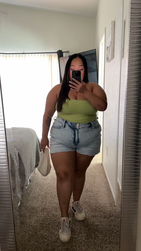 103 degree weather outfit 🫶🏼

Klassy network top size 2x with 2x padding inserts 

Target shorts size 16 and super stretchy so size down from your normal size 