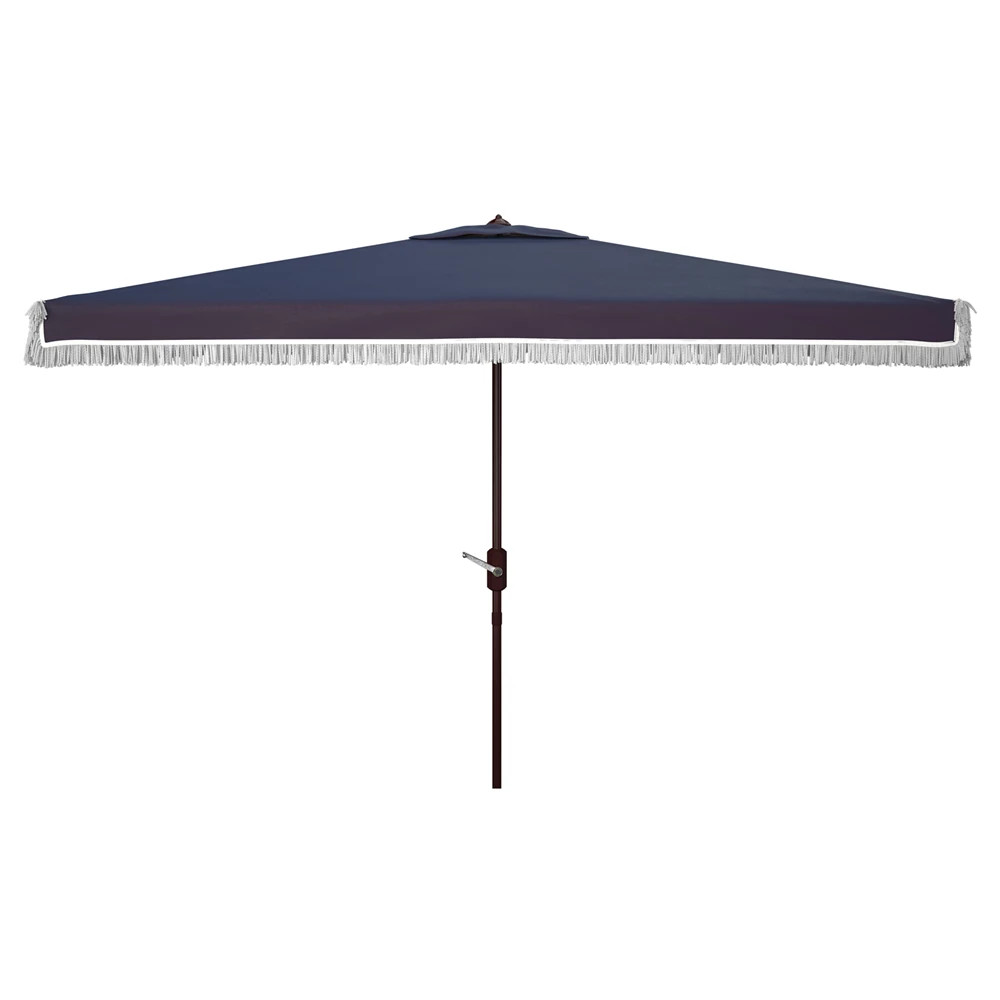 Colette French Country Blue Rectangular Fringe Patio Umbrella | Kathy Kuo Home