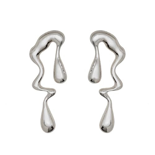 Irregular Waterdrop Earrings for Women Silver Liquid Punk Boho Teardrop Statement Dangle Drop Earrings (Silver) | Amazon (US)