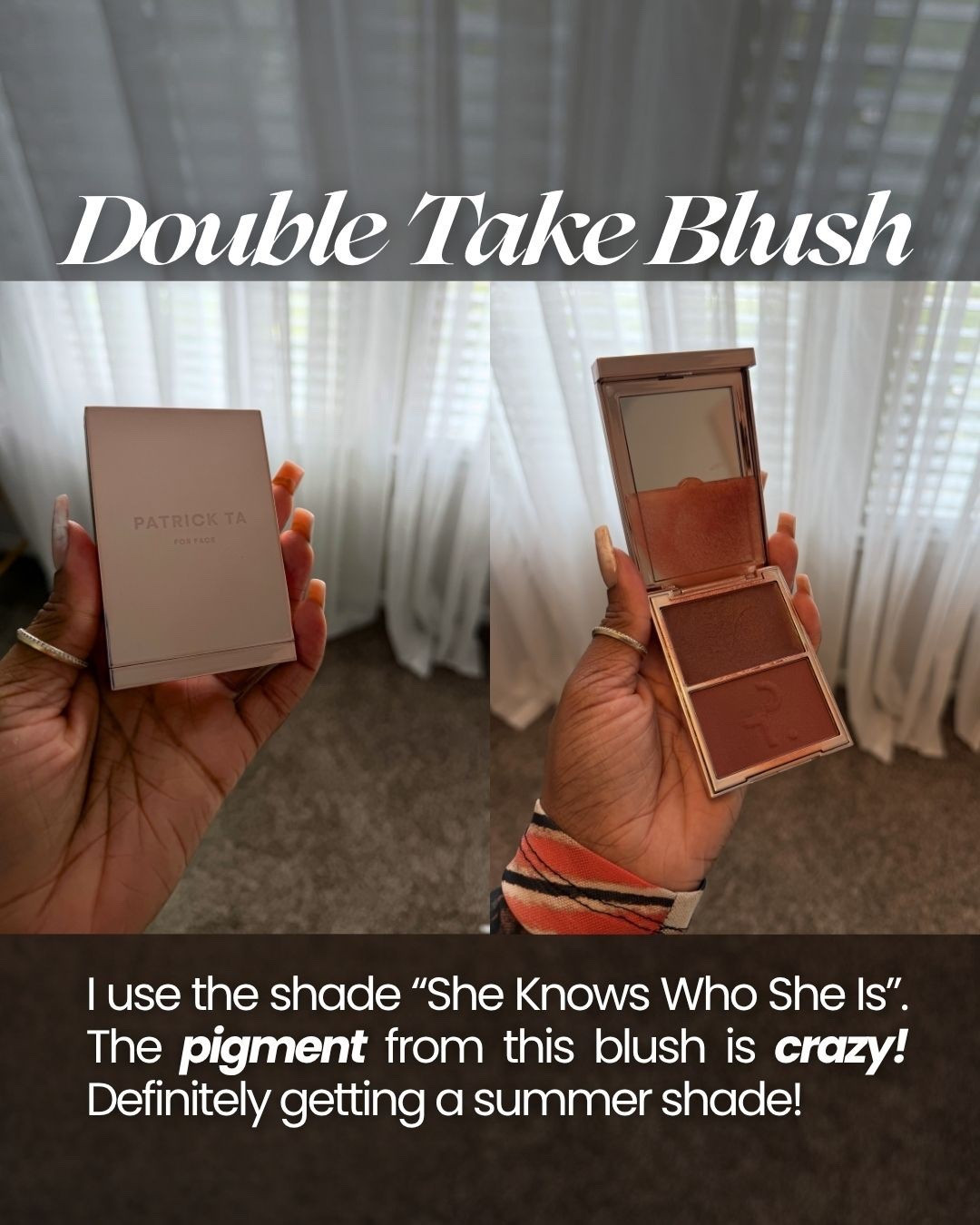 Double Take Blush ✨
I’m using the shade “She Knows Who She Is.”
The pigment on this blush is insane!
Definitely picking up a summer shade next.

#LTKgrwm #LTKselfcare #LTKBeauty