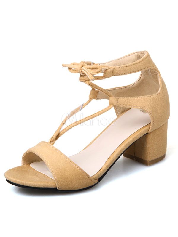 Women's Strappy Sandals Mid Heel Beige Open Toe Lace Up Sandal Shoes | Milanoo