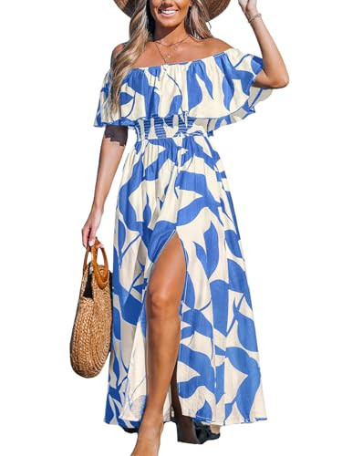 CUPSHE Women Ruffle Floral Summer Dress Off Shoulder Tube Backless Flounce Bodice Side High Slit Casual Sundress Beach Maxi Dress,Light Blue White M | Amazon (US)