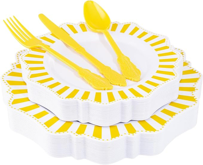 150pcs Disposable White Lemon Yellow Striped Plastic Party Plates and Silverware set, Yellow Dinn... | Amazon (US)