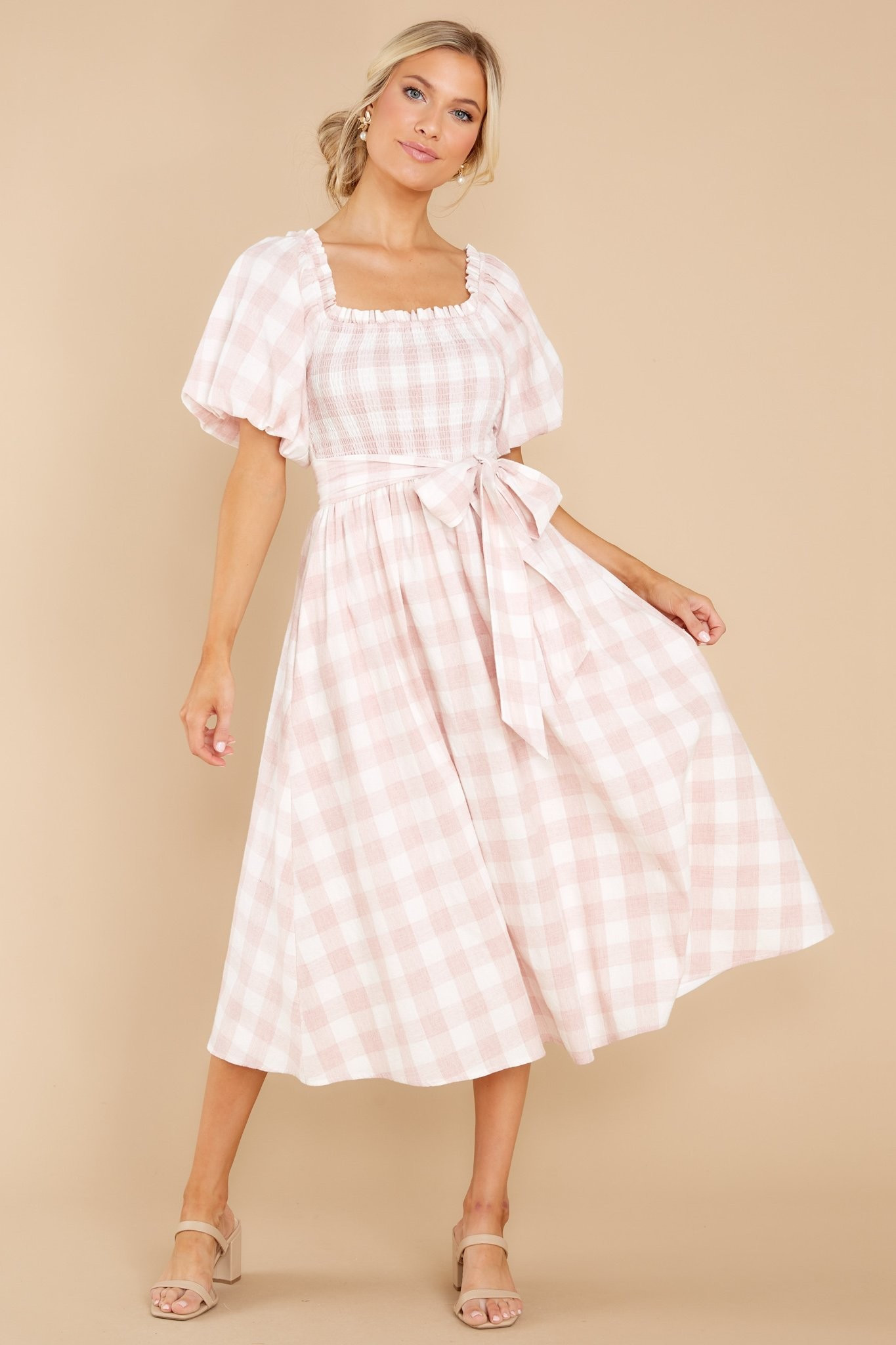 Aura Graceful Song Pink Gingham Midi Dress | Red Dress 