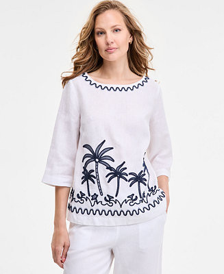 Charter Club Women's Palm-Applique 100% Linen Top, Exclusively at Macy's - Macy's | Macy's