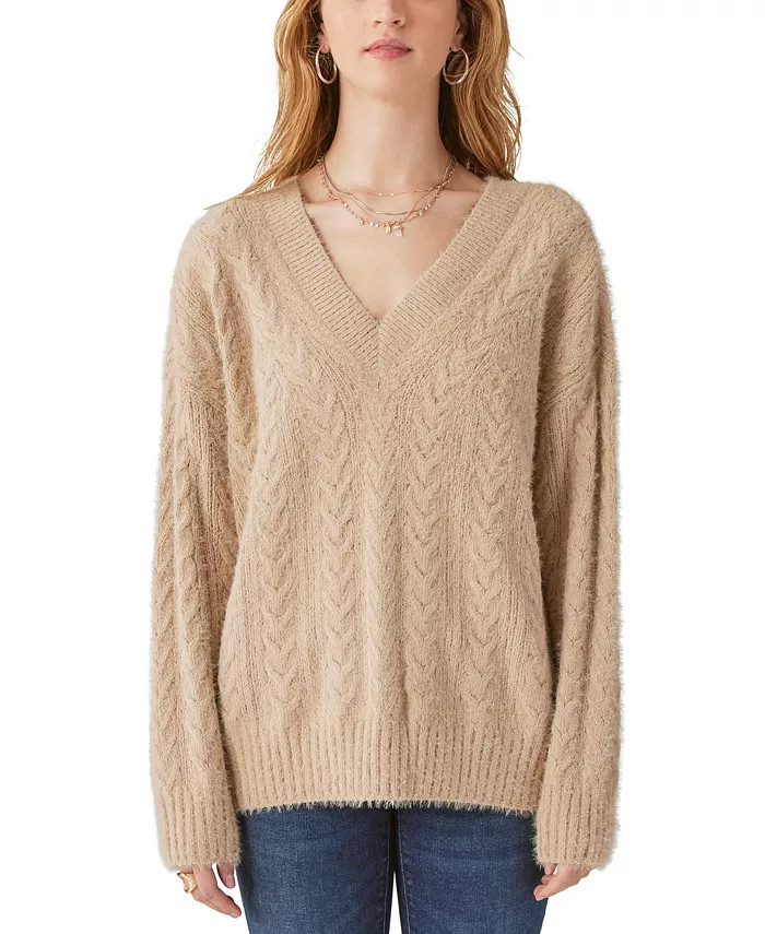 Lucky Brand Women's Cable-Knit V-Neck Eyelash Sweater & Reviews - Sweaters - Women - Macy's | Macys (US)